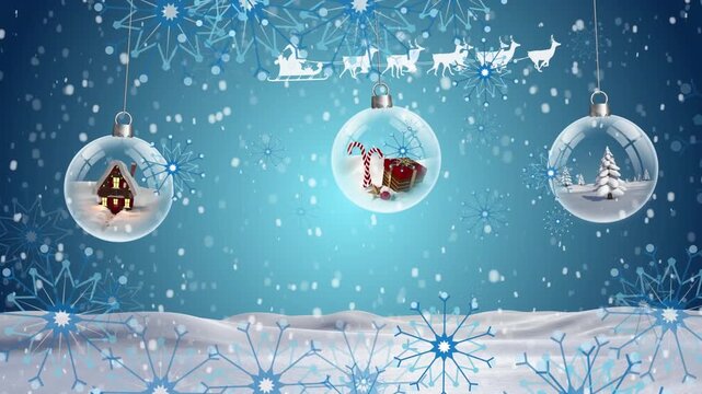 Animation of santa claus in sleigh with reindeer over snow falling and christmas baubles