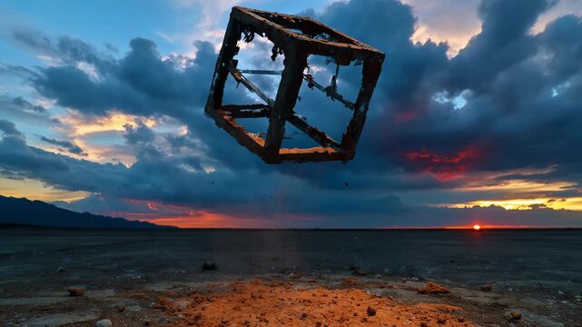A rusted metal cube frame levitates over a cracked desert landscape at sunset, kicking up a cloud of orange dust as it moves