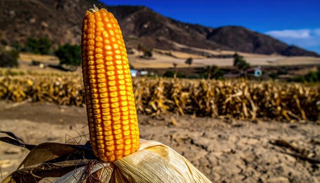 A vibrant, genetically engineered, drought-resistant ear of corn stands prominently in an arid field under a bright blue sky, symbolizing agricultural innovation.