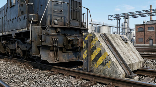 Old train locomotive industrial logistic global disruption concept with rusty metal and concrete buffer stop on railway track in factory yard under blue sky