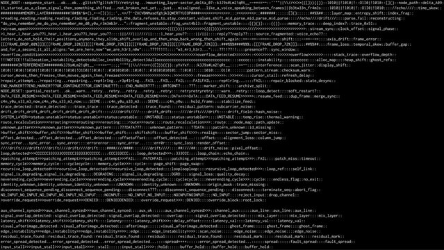 Computer screen displaying complex system error logs and glitching code text. Vector graphics showing recursive loops and digital data corruption. Cyber security threat analysis.