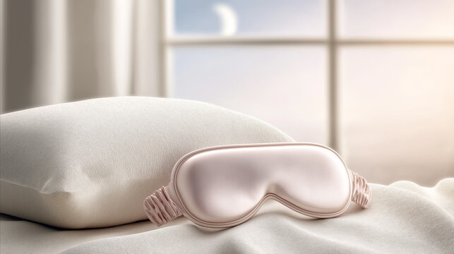 Mouth sleep patches with soft luxurious bedding and silk sleep mask. Concept of healthy sleep, wellness, relaxation and nighttime routine