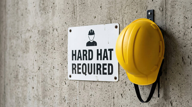 Hard hat required safety sign yellow helmet construction workplace warning Hard hat required safety sign with yellow helmet hanging concrete wall, workplace protection notice emphasizing caution