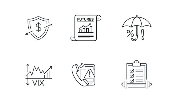 Six thin outline icons for hedging, futures contract, risk management umbrella, volatility index, margin call, and stress test.