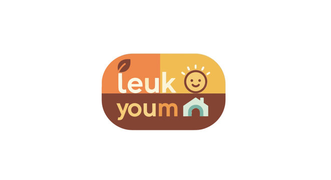 A whimsical illustration of a smiling sun and house on a logo