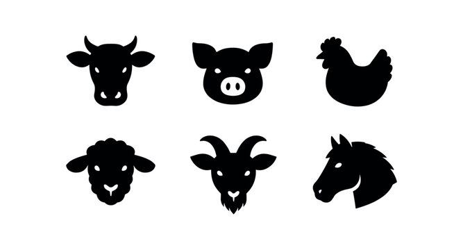 Six solid black silhouette farm animal head icons with labels for cow pig chicken sheep goat horse.