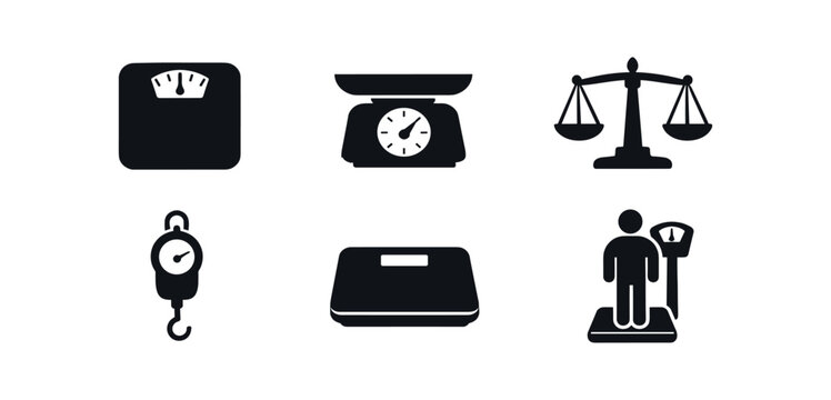 Six black scale icons showing bathroom, kitchen, scales of justice, hanging, digital, and a person on a weight scale