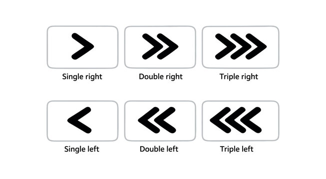Six black chevron arrow icons in single, double, and triple forms pointing left and right