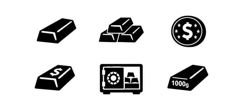 Six black gold and coin icons showing single bars, stacked bars, coin, marked bar, safe and 1000g bar in a simple icon style