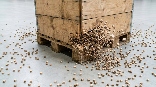 Wooden crate wooden pallet wood cube wood block warehouse floor abstract art modern art installation art concept art conflict trade fragmentation destruction broken spill warehouse storage