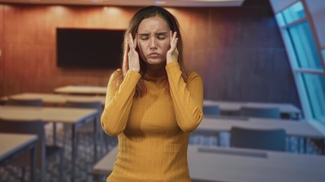 Woman pressing temples with hands in a classroom, mustard sweater, closed eyes, rows of desks and a wall screen behind her; stress fatigue.