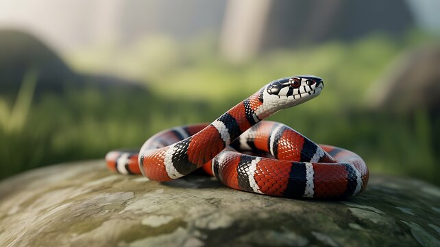 Colorful red white and black milk snake resting on a textured rock