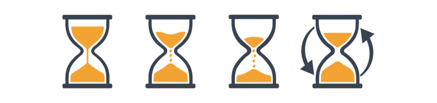 Four hourglass icons showing stages of sand flow and a rotating arrow indicating reset or repeat
