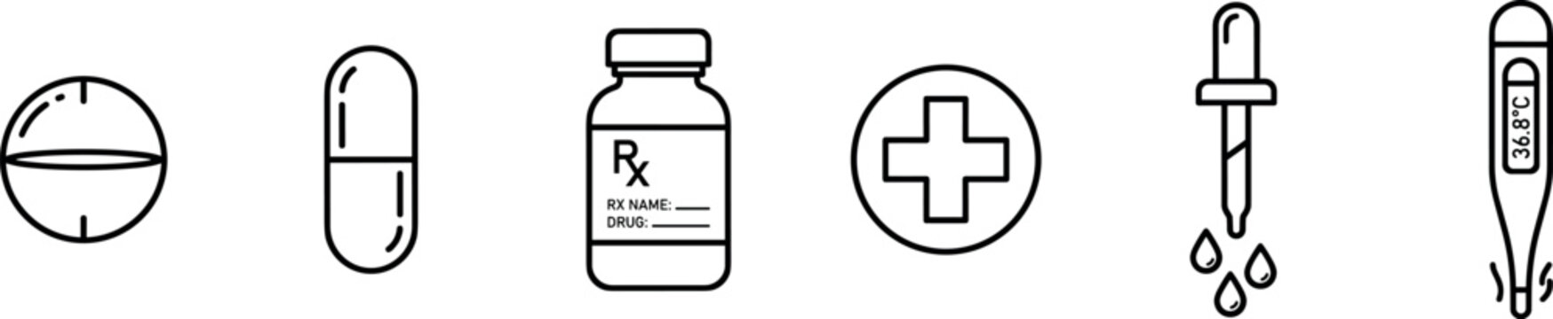 medical and healthcare outline icons set with pill capsule medicine bottle prescription dropper thermometer and medical cross vector illustration isolated on transparent background