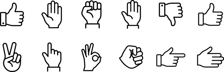 Fototapeta premium hand gesture icons set with thumbs up thumbs down fist victory peace ok pointing and click gestures outline vector illustration isolated on transparent background