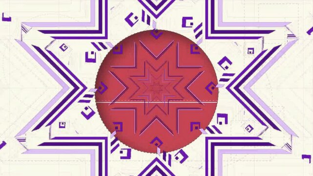 Animation of looping geometric mandala pattern over red circle against white background