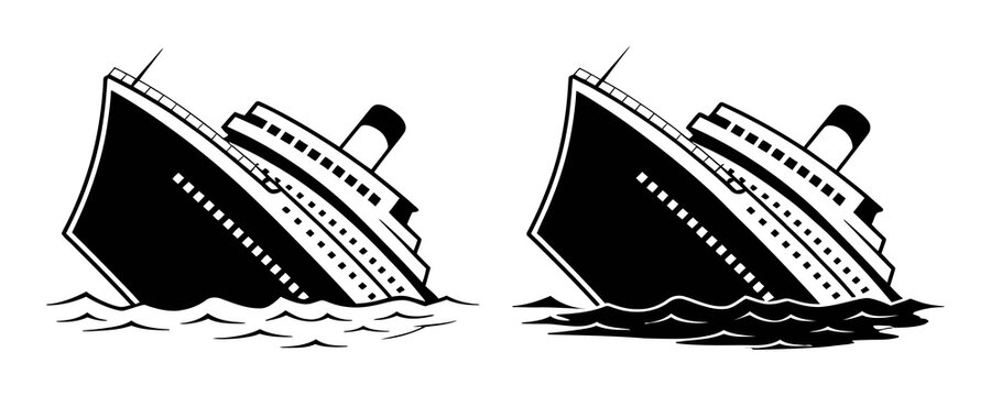 Sinking Ship Black and White Vector Illustration