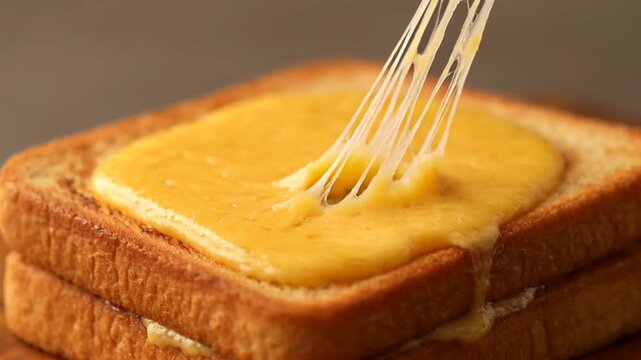 Melted cheese being spread over stacked slices of toasted bread on a wooden surface
