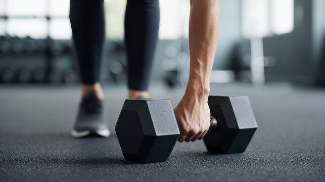 Person preparing for workout, pick up a dumbbell from gym floor