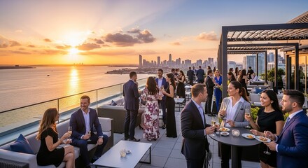 Naklejka premium A group of formally dressed people socializing on a rooftop patio overlooking the city skyline during a beautiful sunset