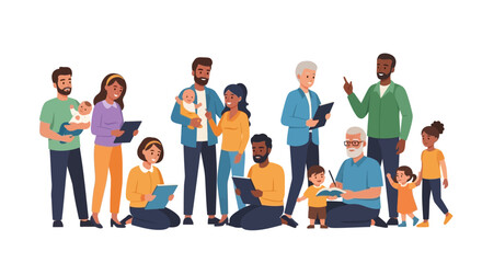 Fototapeta premium Diverse Community Group Reading & Learning: Multi-Generational People with Books & Tablets Illustration