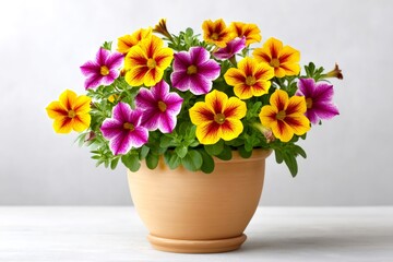 Naklejka premium Petunia flowers blooming in terracotta pot on white table