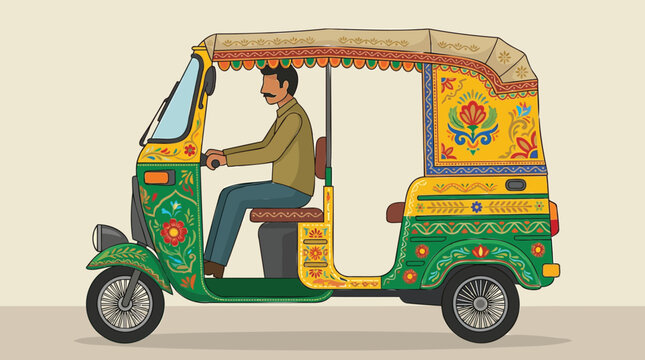 Vibrant auto-rickshaw illustration with a driver, showcasing traditional urban transportation and local travel culture in a bustling Asian city