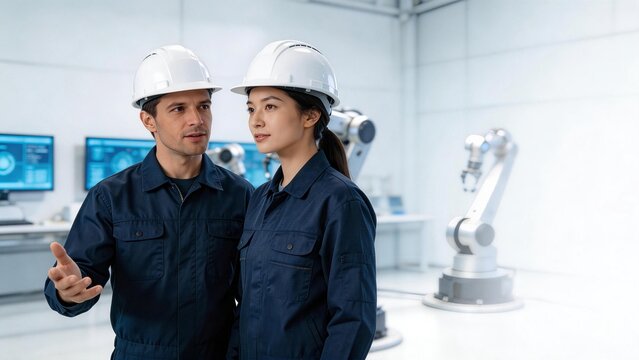 Two engineers in a robotics lab