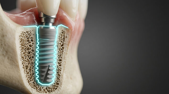 Dental implant jaw bone tooth root oral surgery bone structure gum tissue digital anatomy visualization concept dental screw inside human jaw highlight clinical detail and modern treatment approach