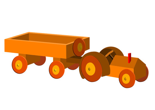 Jouet d'enfant compos&eacute; d'un tracteur et d'une remorque en bois