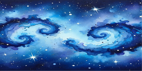 An abstract fractal blue background with water drops reveals a celestial winter night sky where stars and a planet shine over an artistic galaxy universe © Alpha Designs