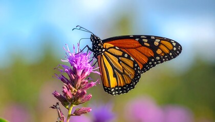 Obraz premium Monarch Butterfly on Purple Wildflower in Garden.
