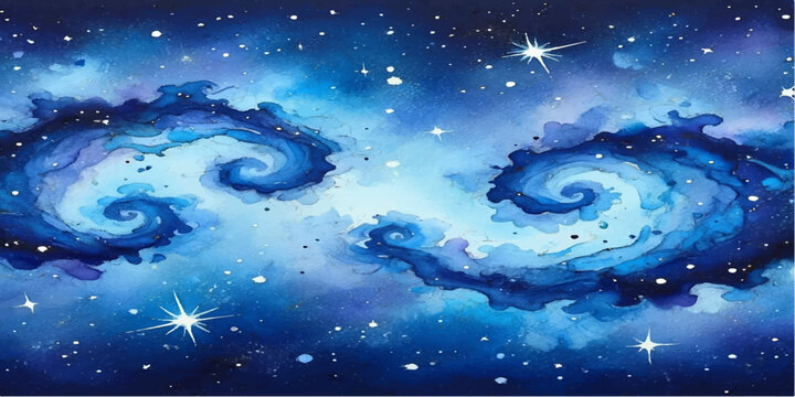 An abstract fractal blue background with water drops reveals a celestial winter night sky where stars and a planet shine over an artistic galaxy universe