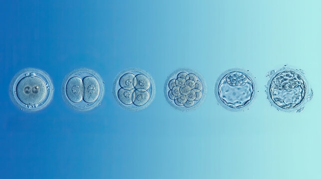 Embryo transfer procedure medical concept fertilization cell division blastocyst stage biology science hope infertility treatment life beginning blue background micrograph