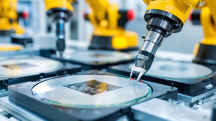 Fototapeta premium Robotic arm processing silicon wafers in modern factory