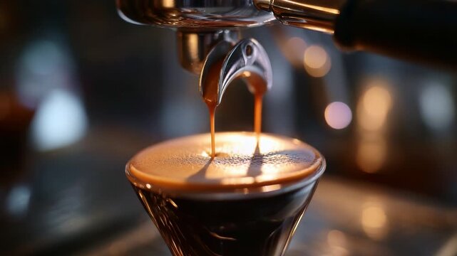 Captivating Espresso Extraction: A Close-Up of Rich Coffee Flowing From a Portafilter Into a Glass Cup, Capturing the Essence of Barista Craftsmanship and Brew Artistry