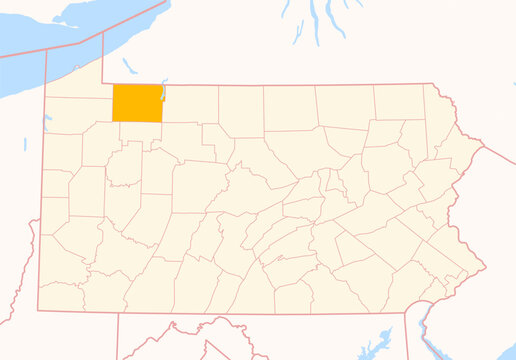Map of the County Warren (Pennsylvania, US) showing the Federal State with the highlighted County
