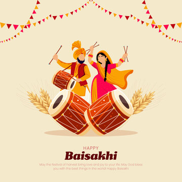 Happy Baisakhi Festival Celebration Illustration with Punjabi Dhol Dance and Harvest Theme