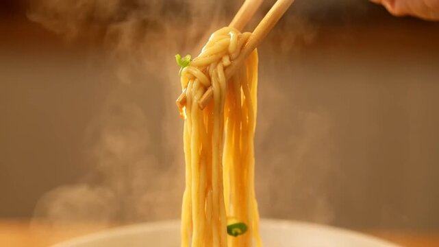 Steaming bowl of noodles being lifted with chopsticks, showcasing a cozy kitchen ambiance
