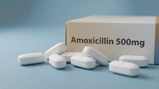 Amoxicillin 500mg Antibiotic Tablets and White Medicine Box