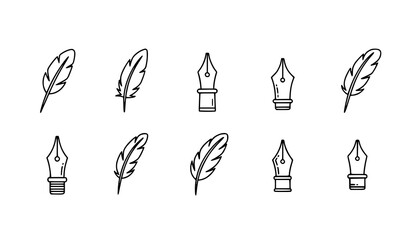 Fountain pen nib and feather quill icon collection outline and flat style writing symbols for design © MstMonisha