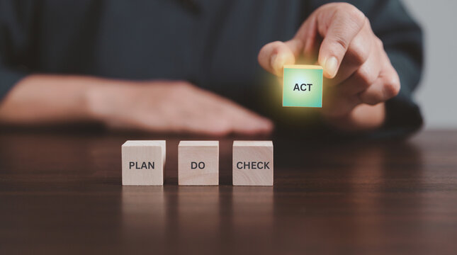 Hand completes Plan-Do-Check-Act cycle, strategic continuous business improvement