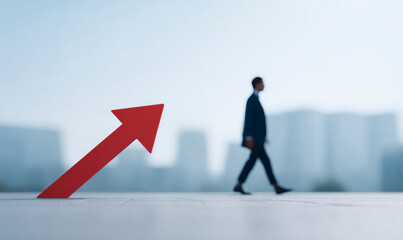Obraz premium Business Success Path: Man Walk Toward Upward Red Arrow in Cityscape