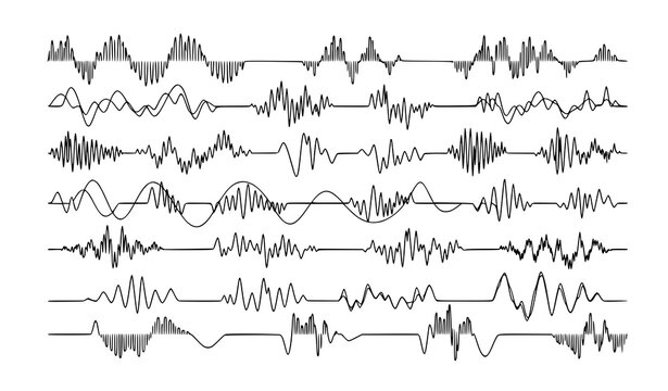 Sinusoid wave signals set black sound wave curves audio frequency amplitude vector illustration