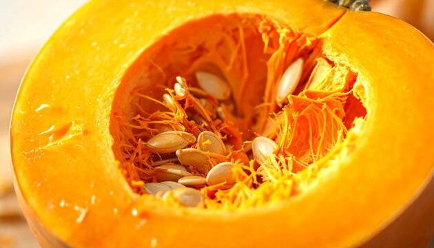 Closeup of Cut Open Pumpkin with Seeds.
