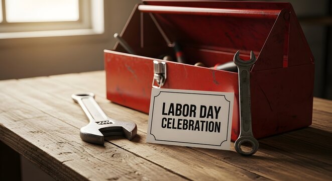 Labor day celebration essentials with toolbox and wrench on workbench