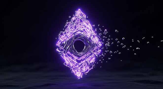 Abstract 3D digital illustration of a glowing purple diamond-shaped liquid structure with splashing metallic droplets disintegrating into a dark void.
