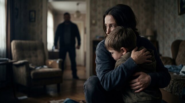 Frightened Mother Protecting Her Child from Abusive Husband in Domestic Violence Scene
