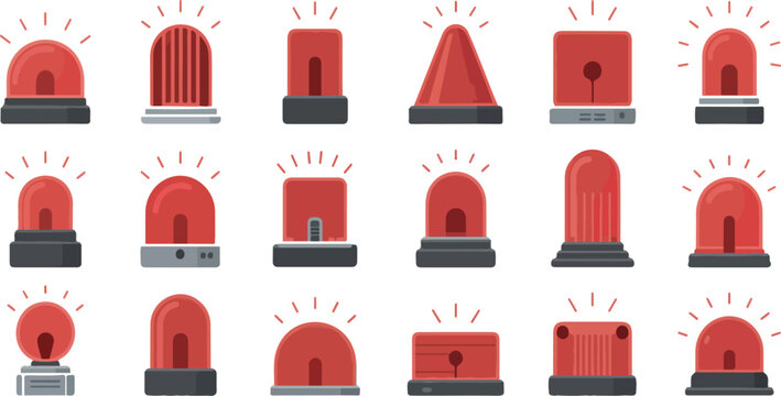 Emergency siren icon set with red beacon alarm lights glossy flashing police ambulance signal warning vector illustration