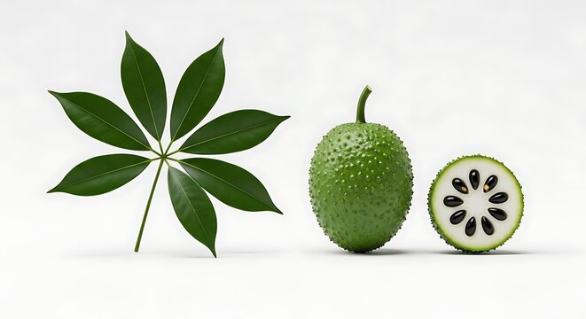 Fresh spiny gac fruit with vibrant green leaves arranged neatly on a clean minimalist white studio background surface